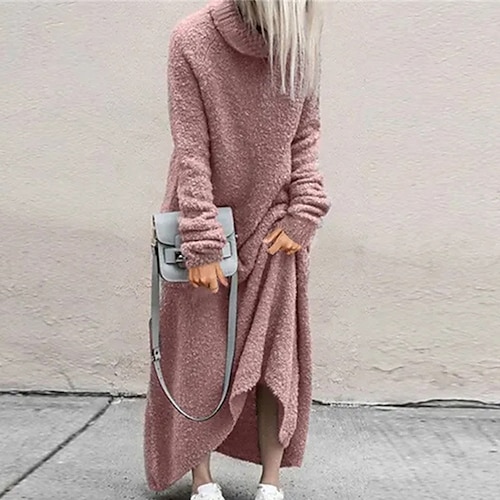 

Women's Sweater Dress Casual Dress Shift Dress Long Dress Maxi Dress Pink Khaki Dark Blue Long Sleeve Pure Color Knit Winter Fall Autumn Turtleneck Casual Winter Dress Fall Dress Loose Fit 2023 S M L