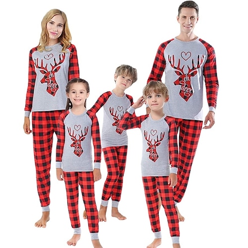 

Family Look Christmas Pajamas Plaid Deer Christmas pattern Home Gray Long Sleeve Daily Matching Outfits