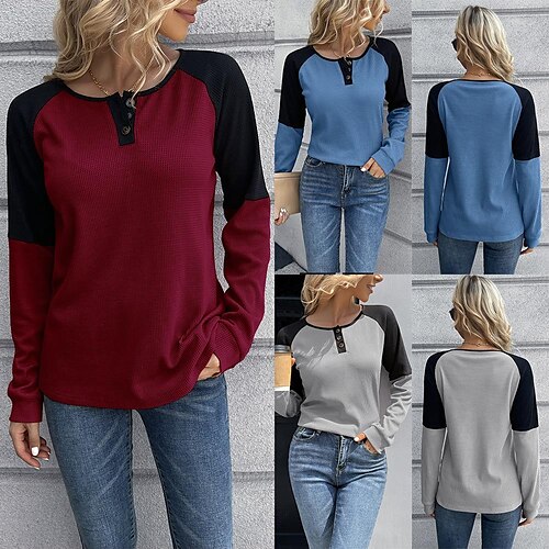 

Women's T shirt Tee Button Basic Round Neck Standard Spring claret Blue Light Gray