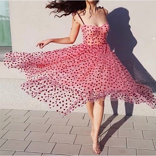 

Women's Party Dress Swing Dress Slip Dress Midi Dress Pink Half Sleeve Heart Ruffle Winter Fall Autumn Spaghetti Strap Modern Party Slim 2022 S M L XL