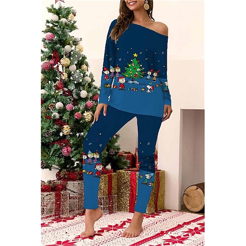 

Women's ChristmasPjs Pajamas Sets 2 Pieces Santa Claus Leaves Comfort Soft Home Bed Cotton Spandex Jersey Long Sleeve T shirt Tee Pant Elastic Waist Winter Fall Green Blue