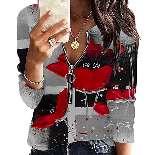 

Women's Plus Size Tops Blouse Shirt Floral Zipper Print Long Sleeve V Neck Streetwear Daily Going out Polyester Fall Winter Black Gray