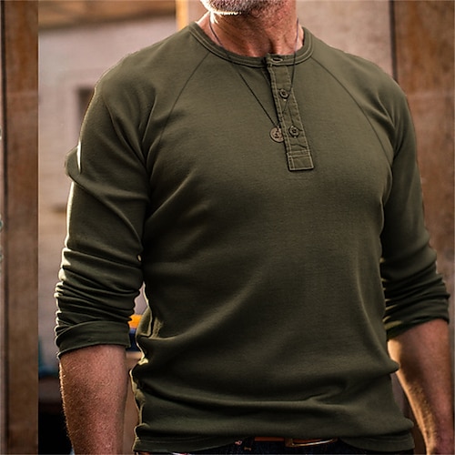 

Men's Henley Shirt Solid Color Henley Army Green Street Holiday Long Sleeve Button-Down Clothing Apparel Fashion Designer Casual Comfortable / Beach