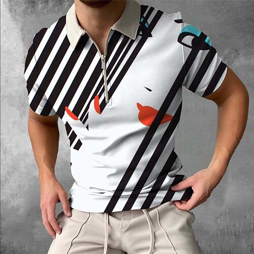 

Men's Collar Polo Shirt Golf Shirt Abstract Turndown White 3D Print Outdoor Street Short Sleeves Zipper Print Clothing Apparel Fashion Casual Breathable / Summer / Spring / Summer