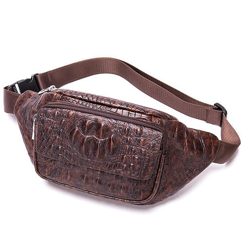 

Men's Fanny Pack Sling Shoulder Bag Nappa Leather Cowhide Zipper Solid Color Crocodile Daily Black Coffee