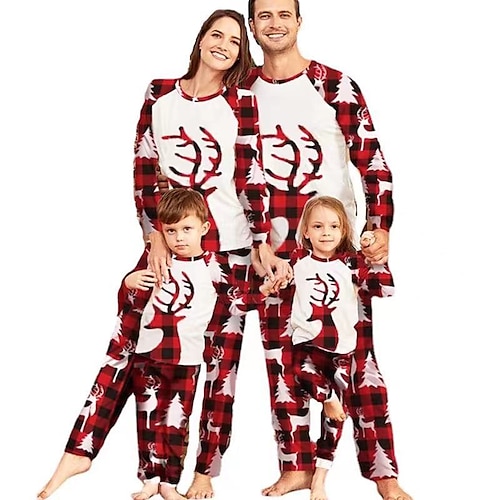 

Family Look Christmas Pajamas Plaid Deer Home Red Long Sleeve Daily Matching Outfits