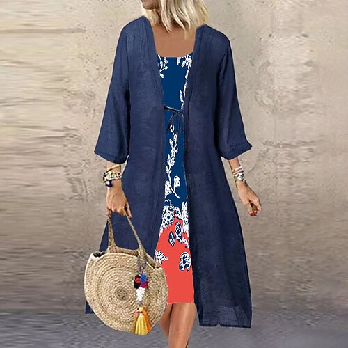 

Women's Casual Dress Dress Set Knee Length Dress Green Black Blue Dark Blue 3/4 Length Sleeve Floral Striped Print Fall Winter Crew Neck Casual Mature 2022 S M L XL XXL