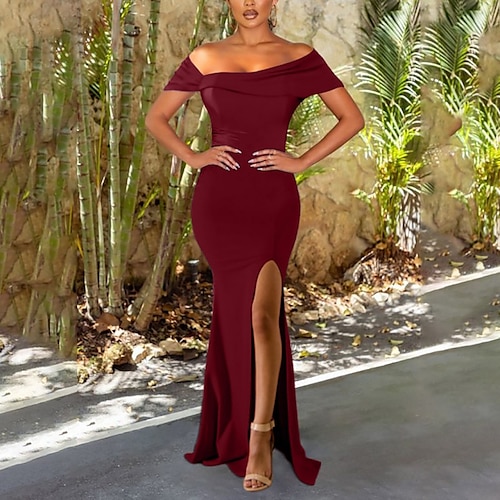 

Women's Party Dress Bodycon Sheath Dress Long Dress Maxi Dress Wine Red Black Short Sleeve Pure Color Split Winter Fall Autumn Off Shoulder Evening Party Wedding Guest Slim 2022 S M L XL