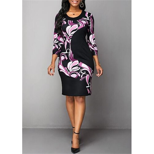 

Women's Sheath Dress Knee Length Dress Knee Length Dress Black 3/4 Length Sleeve Print Print Fall Winter Crew Neck Stylish Formal 2022 S M L XL 2XL 3XL 4XL 5XL