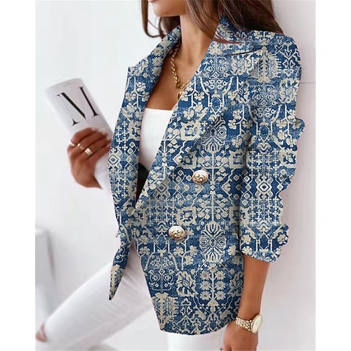

Women's Blazer Breathable Formal Office Work with Pockets Print Double Breasted Turndown Elegant Formal Modern Office / career Flower Regular Fit Outerwear Long Sleeve Winter Fall Blue S M L XL XXL