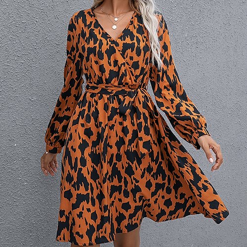 

Women's Casual Dress Swing Dress Orange Long Sleeve Lace up Winter Fall Autumn V Neck Modern Winter Dress Fall Dress Loose Fit 2022 S M L XL