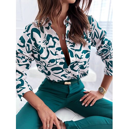 

Women's Blouse Shirt Green Graphic Pocket Print Long Sleeve Casual Daily Elegant Shirt Collar S