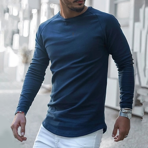 

Men's T shirt Tee Solid Color Crew Neck Navy Blue Black Sports Holiday Long Sleeve Clothing Apparel Casual Comfortable