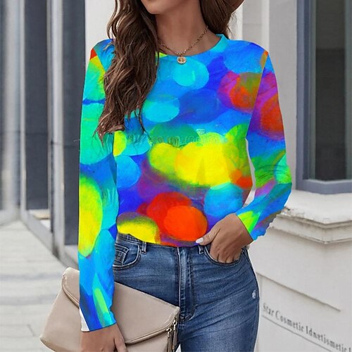 

Women's T shirt Tee Blue Graphic Geometric Print Long Sleeve Casual Daily Vintage Round Neck Regular Geometric Painting S / 3D Print