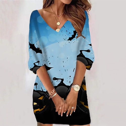 

Women's Shift Dress Sweat Dress Short Mini Dress Blue Light Blue 3/4 Length Sleeve Pumpkin Bat Print Fall Winter V Neck Vacation Casual 2022 S M L XL XXL 3XL