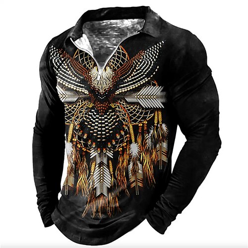 

Men's Collar Polo Shirt Golf Shirt Animal Eagle Turndown Yellow Gray 3D Print Outdoor Street Long Sleeve Zipper Print Clothing Apparel Vintage Designer Ethnic Style Casual