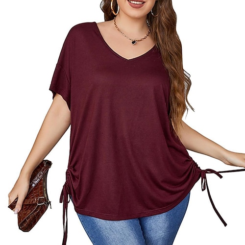 

Women's Plus Size Tops T shirt Tee Plain Drawstring Short Sleeve V Neck Streetwear Casual Daily Going out Polyester Fall Winter Wine