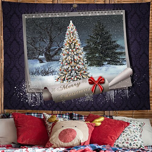 

Christmas Wall Tapestry Photography Background Fireplace Snowflakes Santa Claus Winter Night Hanging Cloth Home Decor Christmas Wall Decorations