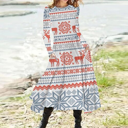 

Women's Casual Dress Swing Dress Midi Dress Blue Wine Long Sleeve Geometric Pocket Winter Fall Autumn Winter Dress Fall Dress 2022 S M L XL XXL 3XL
