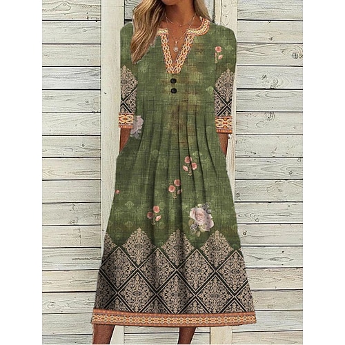 

Women's Casual Dress Midi Dress Green Half Sleeve Floral Print Winter Fall Autumn V Neck Weekend 2022 S M L XL 2XL 3XL