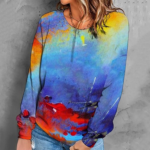 

Women's Sweatshirt Pullover Retro Blue Graphic Geometric Tie Dye Casual Round Neck Long Sleeve S M L XL 2XL 3XL / Winter