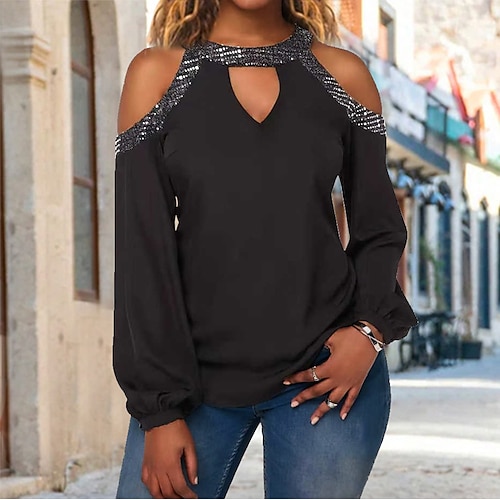 

Women's T shirt Tee Black Plain Cut Out Long Sleeve Daily Weekend Basic Round Neck Regular Lantern Sleeve S