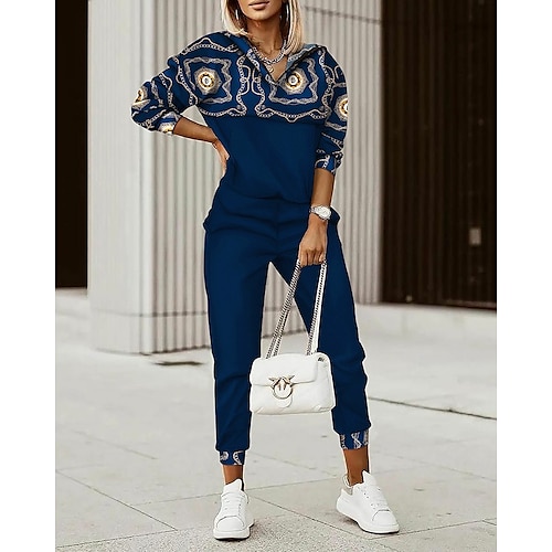 

Women's Sweatshirt Tracksuit Pants Sets Blue Khaki Gray Graphic Print Long Sleeve Casual Daily Fashion V Neck Regular Fit Spring Fall