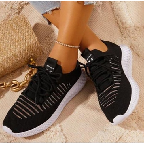 

Women's Sneakers Daily Flyknit Shoes Round Toe Sporty Walking Shoes Tissage Volant Loafer Solid Colored Black Pink Yellow