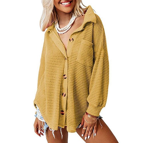 

2022 otoño e invierno nueva camisa casual de gofres europeos y americanos mujeres amazon comercio exterior color sólido cárdigan de manga larga suéter