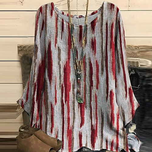 

Women's Plus Size Tops T shirt Tee Color Block Patchwork Print Long Sleeve Crewneck Casual Daily Going out Polyester Fall Winter White Blue