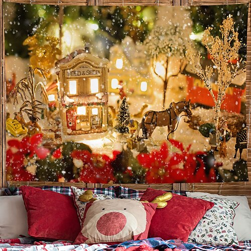 

Christmas Party Wall Tapestry Snowman Fireplace Santa Claus Tree Gift Art Decor Blanket Curtain Hanging Home Bedroom Living Room Decoration Polyester