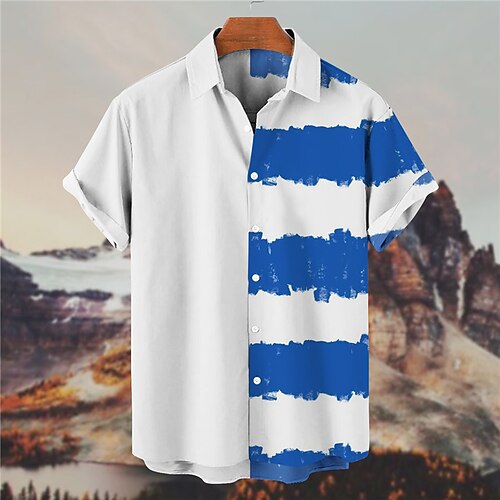 

Men's Shirt Graphic Shirt Striped Turndown Blue 3D Print Outdoor Street Short Sleeves Button-Down Print Clothing Apparel Fashion Designer Casual Breathable / Summer / Spring / Summer