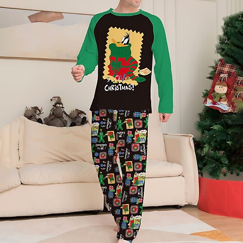 

Men's Christmas Pajamas Sleepwear Pajama Set Pajama Top and Pant 2 Pieces Graphic Prints Fashion Comfort Soft Home Christmas Bed Cotton Blend Breathable Crew Neck Long Sleeve Basic Winter Fall Green