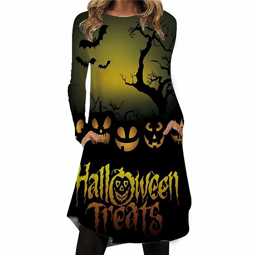 

Women's Casual Dress T Shirt Dress Tee Dress Knee Length Dress Green Blue Yellow Navy Blue Long Sleeve Pumpkin Ghost Spider Pocket Print Fall Winter Crew Neck Casual Vacation Vintage 2022 S M L XL