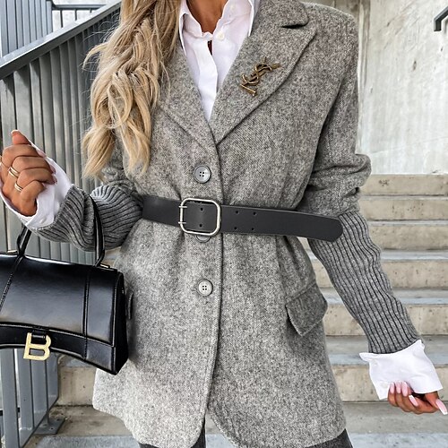 

Women's Blazer Warm Breathable Outdoor Office Work Going out Lace up Pocket Single Breasted Turndown Fashion OL Style Elegant Solid Color Regular Fit Outerwear Long Sleeve Winter Fall Coffee Gray S M