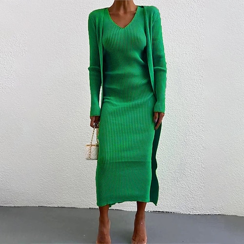 

Women's Sweater Jumper Dress Two Piece Dress Maxi long Dress Green Blue Fuchsia Black Long Sleeve Solid Color Knit Fall Winter V Neck Stylish Casual Mature 2022 S M L