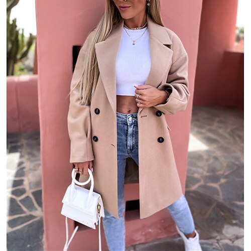 

Women's Winter Coat Comfortable Daily Wear Going out Pocket Double Breasted Turndown Fashion Plain Regular Fit Outerwear Long Sleeve Winter Fall Black Khaki Sky Blue S M L XL XXL