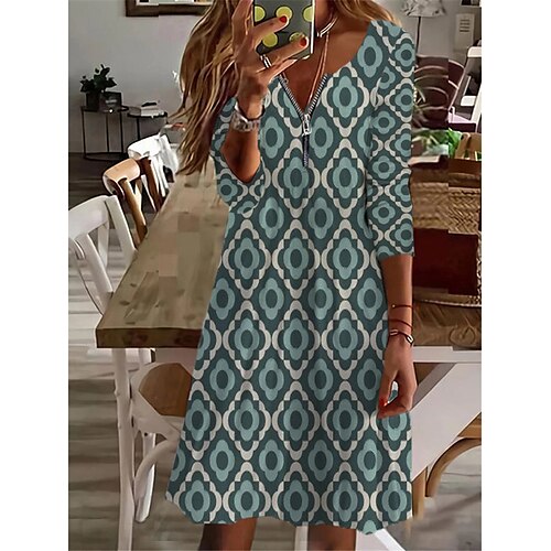 

Vestido feminino de uma linha vestido casual vestido na altura do joelho azul manga longa estampa geométrica com zíper outono inverno decote em v casual clássico 2022 6xl