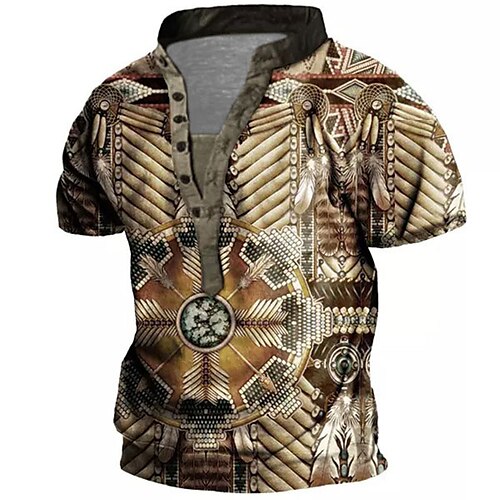

Men's T shirt Tee Henley Shirt Tee Graphic Stand Collar Brown Short Sleeve 3D Print Plus Size Outdoor Daily Button-Down Print Tops Basic Boho Designer Casual / Summer / Summer / Sports