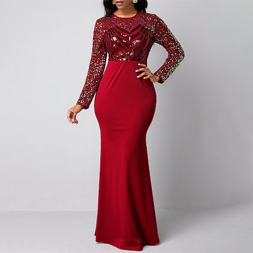 

Women's Party Dress Sequin Dress Maxi long Dress Blue Purple Red Long Sleeve Pure Color Sequins Fall Winter Crew Neck Party Elegant Mature 2022 S M L XL XXL 3XL 4XL 5XL