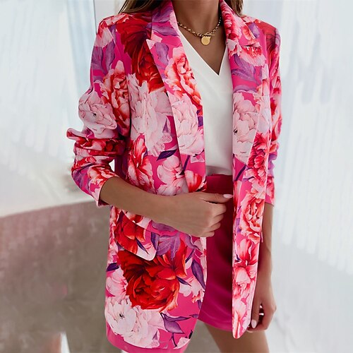 

Women's Blazer Windproof Warm Outdoor Street Daily Vacation Pocket Print Open Front Turndown Fashion Casual Street Style Floral Regular Fit Outerwear Long Sleeve Winter Fall Rose Red S M L XL