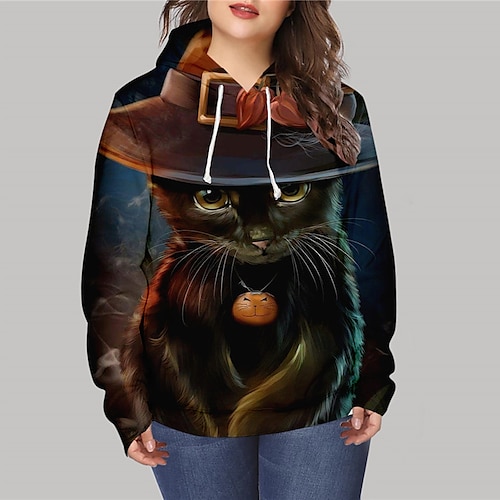 

Women's Plus Size Tops Hoodie Sweatshirt Animal Cat Print Long Sleeve Hooded Streetwear Halloween Daily Polyester Fall Winter Navy Blue
