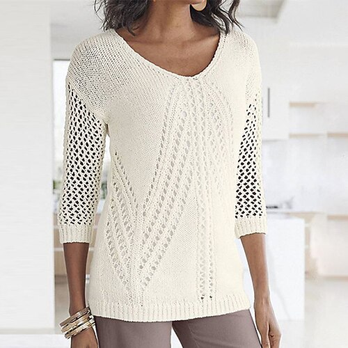 

Women's Pullover Sweater jumper Jumper Ribbed Knit Knitted Pure Color V Neck Stylish Casual Outdoor Daily Winter Fall White S M L / Regular Fit / Going out