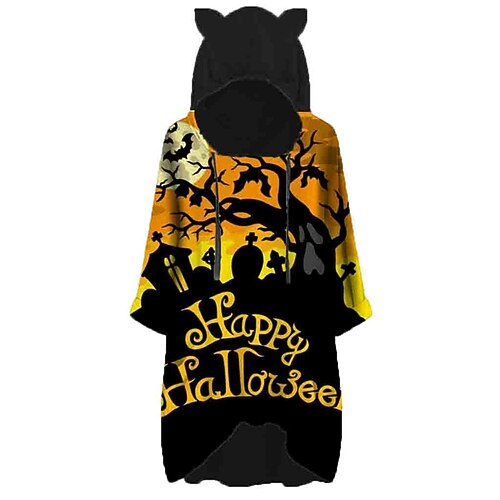 

Women's Hoodie Dress Shift Dress Short Mini Dress Yellow Long Sleeve Spider Letter Pocket Print Fall Winter Hooded Casual Vintage Loose 2022 S M L XL XXL 3XL