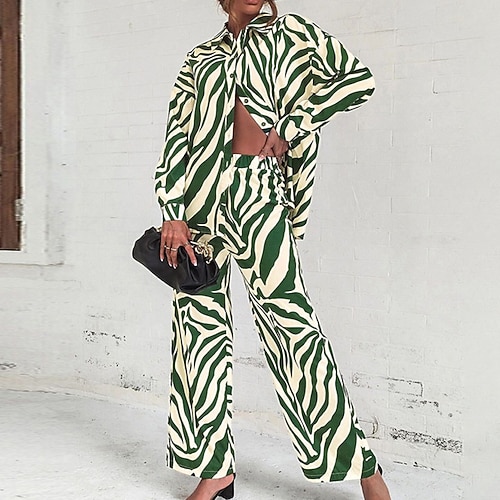 

Women's Loungewear Sets 2 Pieces Zebra Fashion Comfort Home Daily Satin Lapel Long Sleeve Pant Button Winter Fall Green Blue / Silk