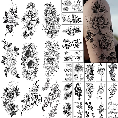 

29 Sheets Long Lasting Flower Temporary Tattoos For Women Arm Neck Jellyfish Sunflower Moon Rose Fake Tattoos For Adults Girl 3D Temp Realistic Snake Tatoo Stickers Serpent Peony Floral Kids
