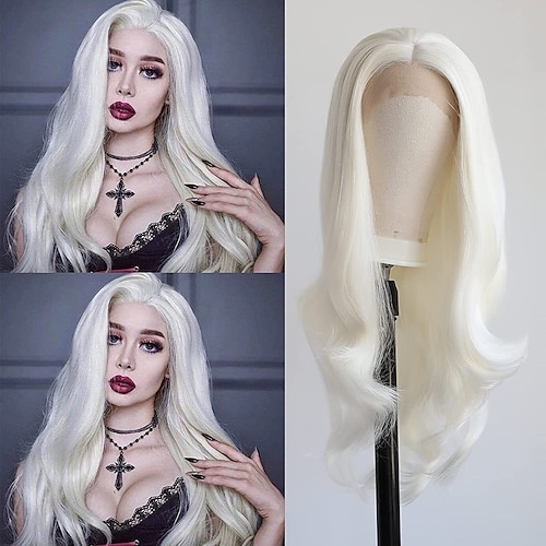 

Long Wavy Platinum Blonde Synthetic Lace Front Wigs for Women #60 Color Middle Part Glueless High Temperature Fiber Hand Tied Natural Hairline Cosplay Daily Wear Wig