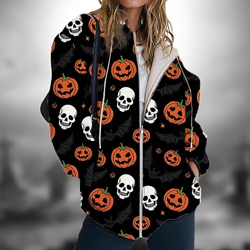 

Women's Hoodie Jacket Warm Breathable Outdoor Halloween Daily Wear Going out Zipper Pocket Print Zipper Hoodie Vintage Sports Comfortable Street Style Skull Regular Fit Outerwear Long Sleeve Winter