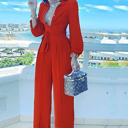 

Mulheres Macacão Cintura Alta Côr Sólida Decote V Elegante Rua Para Noite Normal Manga Longa Vermelho S M L Inverno