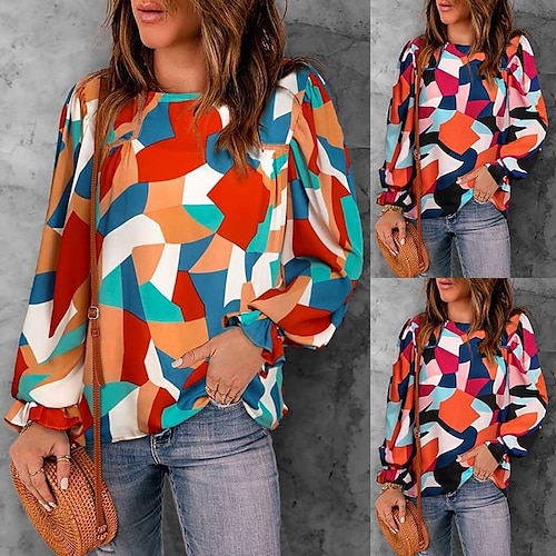 

Women's T shirt Tee Color Block Modern Round Neck Standard Spring, Fall, Winter, Summer Blue Orange